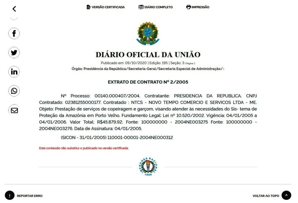 Diário Oficial da União traz uma série de contratos ...